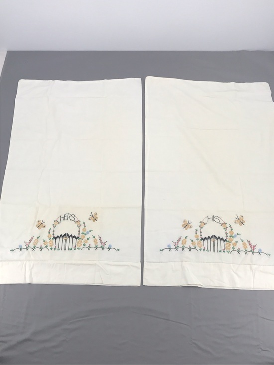 Other - Embroidered 'His' and 'Hers' Pillowcase Set - Cream with Floral Detail
